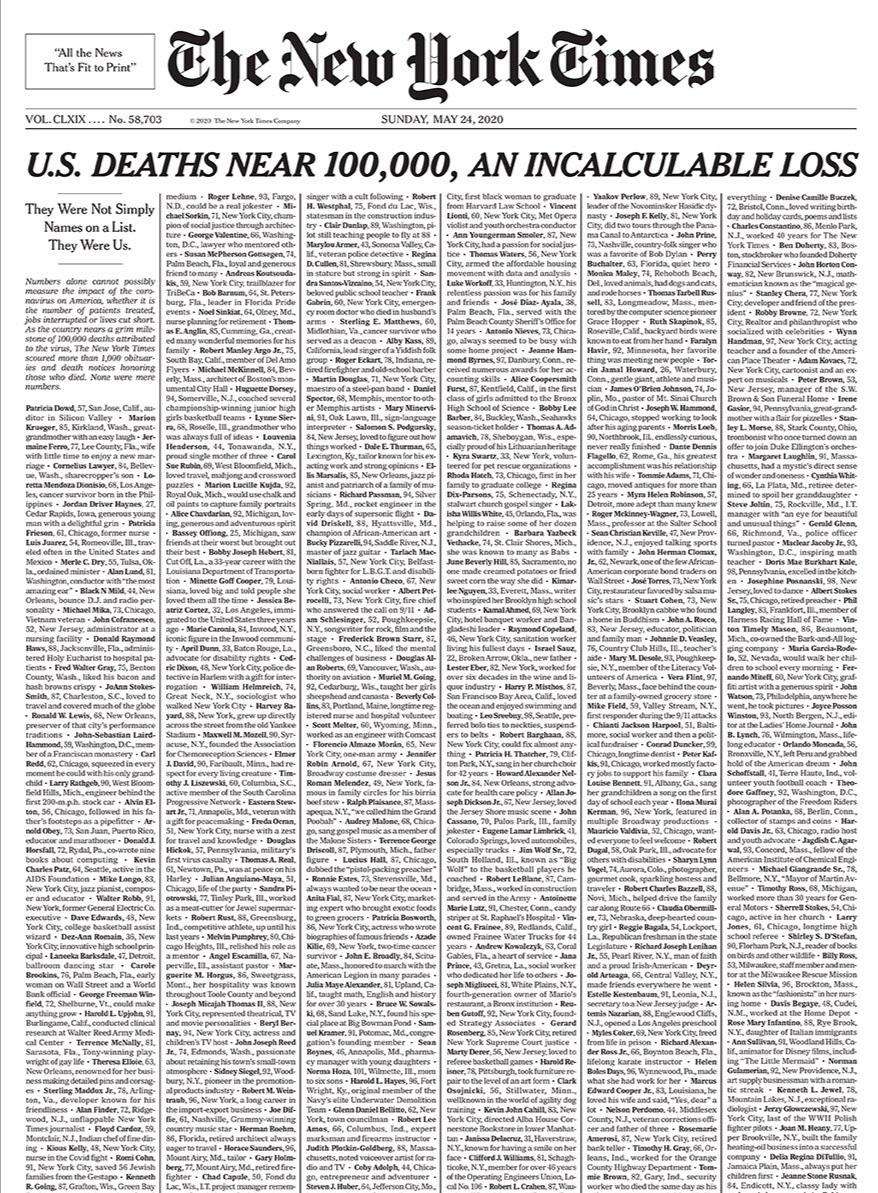 Το πρωτοσέλιδο γροθιά των New York Times για τους 100.000 νεκρούς του Covid 19 στις ΗΠΑ