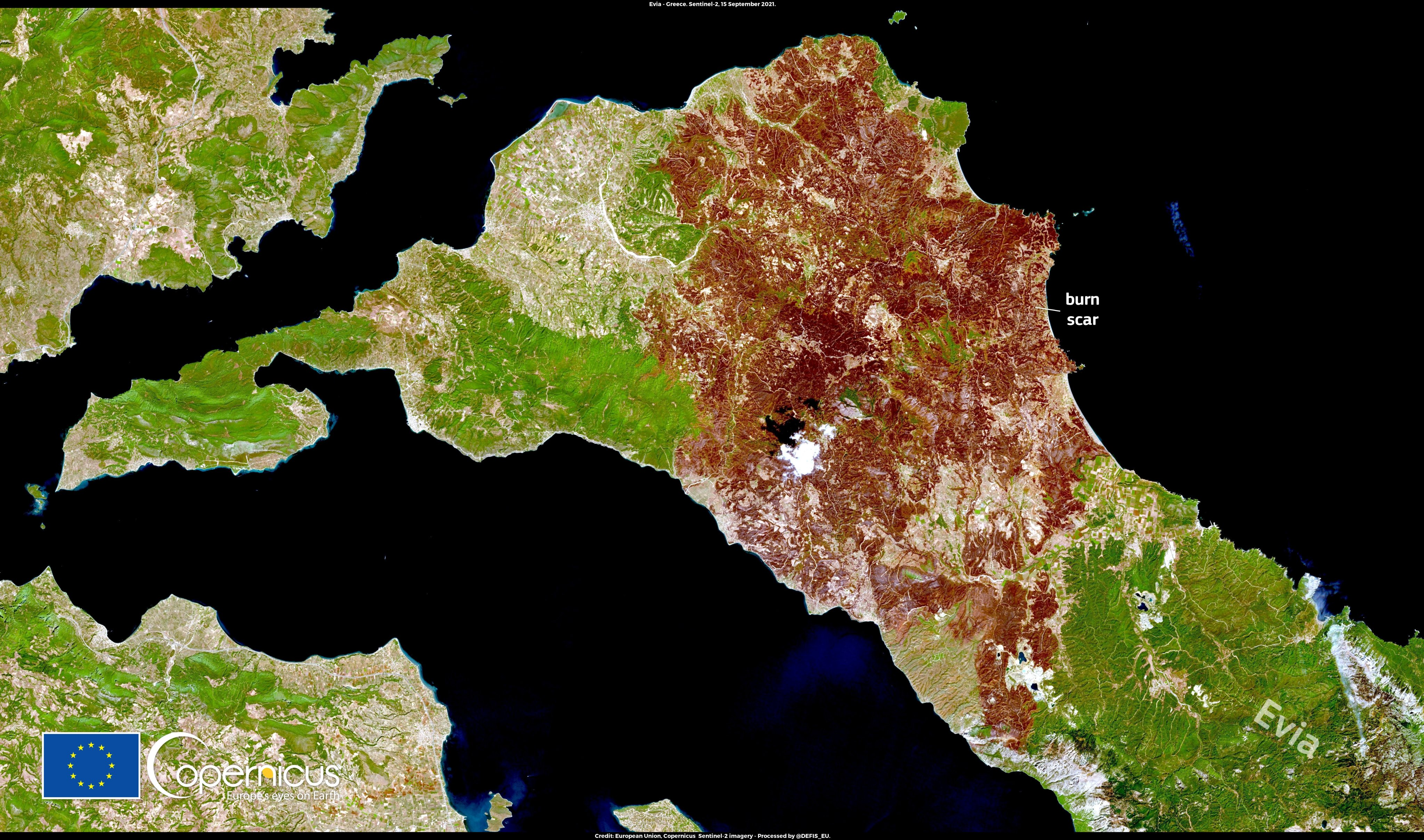 Η καμμένη βόρεια Εύβοια από εικόνα δορυφόρου και η 